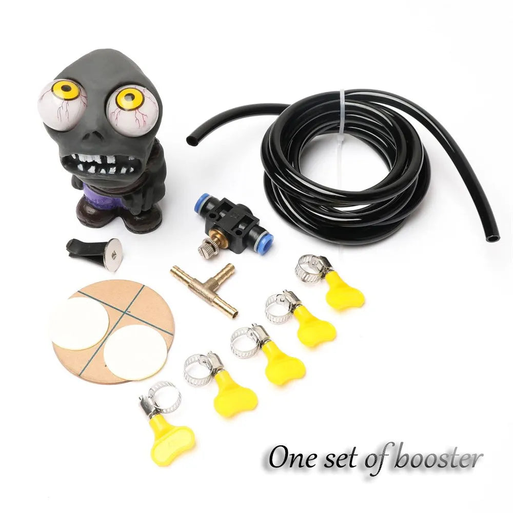 Turbo car blow-off valve sound kit showing rubber doll, pressure valve, copper tube, PU hose, and mounting clips.