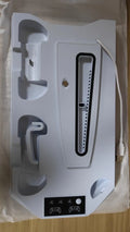 Black PS5 charging base radiator dock with a DualSense controller plugged in and a headset hanging on the hook.