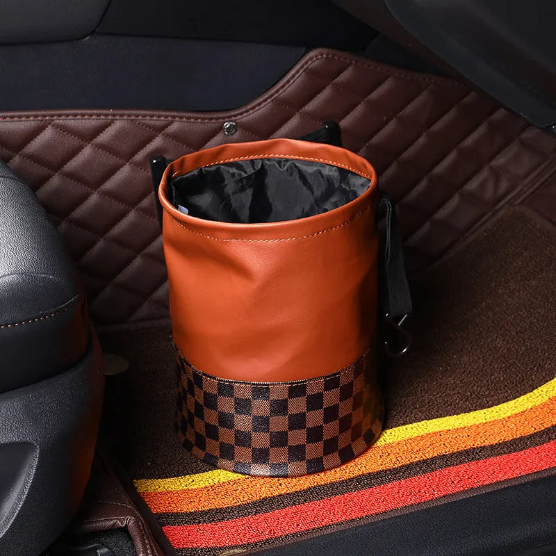 Leather retractable car interior trash can shown in folded and open states with carry handle.