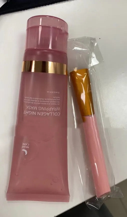 75ml bottle of collagen face night mask with application brush for evening skin care.
