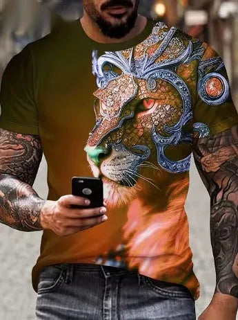 Men's grey t-shirt featuring a large, detailed 3D lion face print on the front.