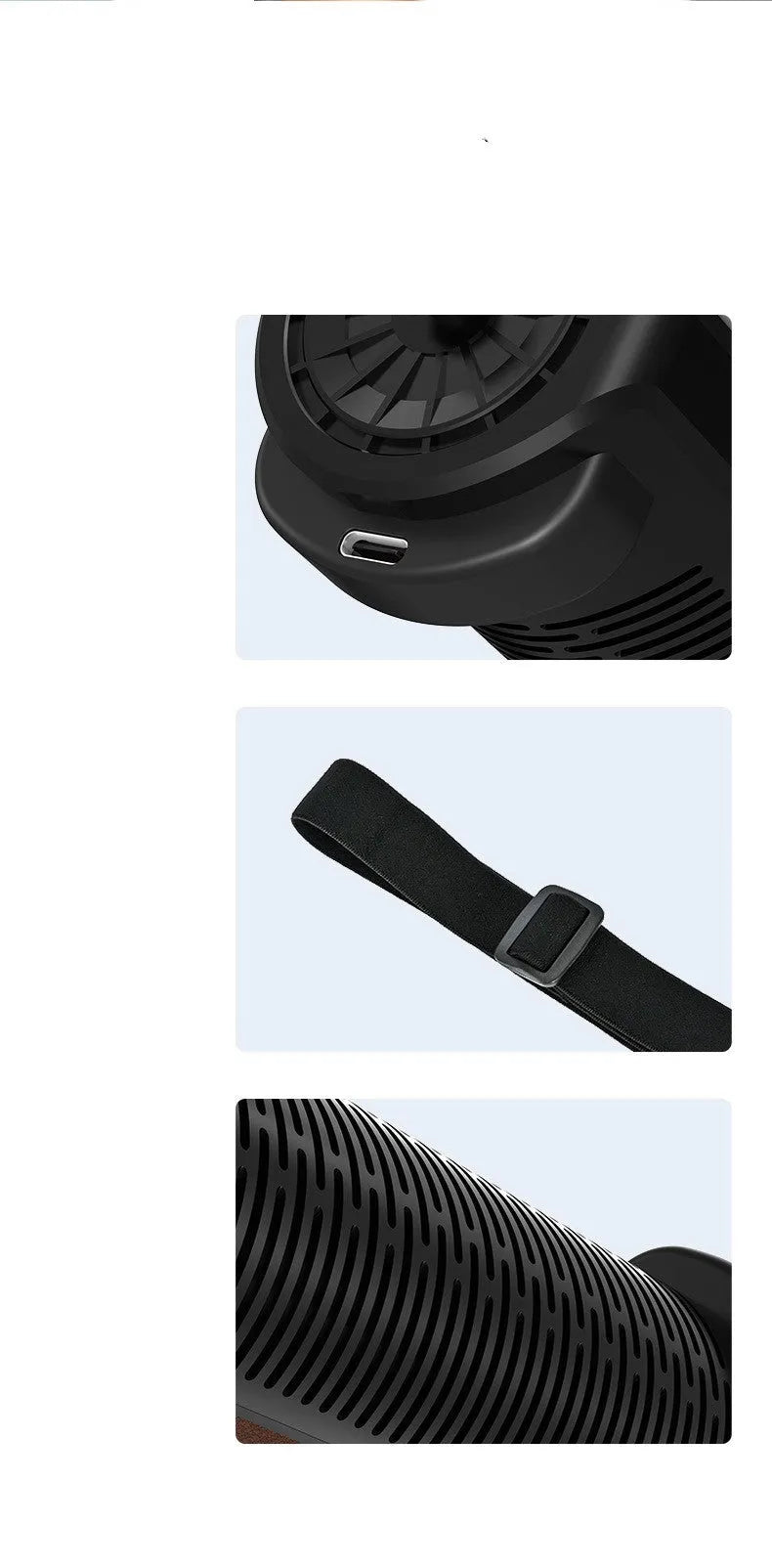Black bladeless car ventilation fan with USB cable, showing compact size.
