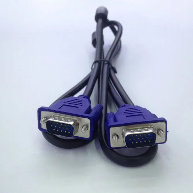 Black VGA video cable with blue connector heads and nickel-plated terminals, length 1.5m
