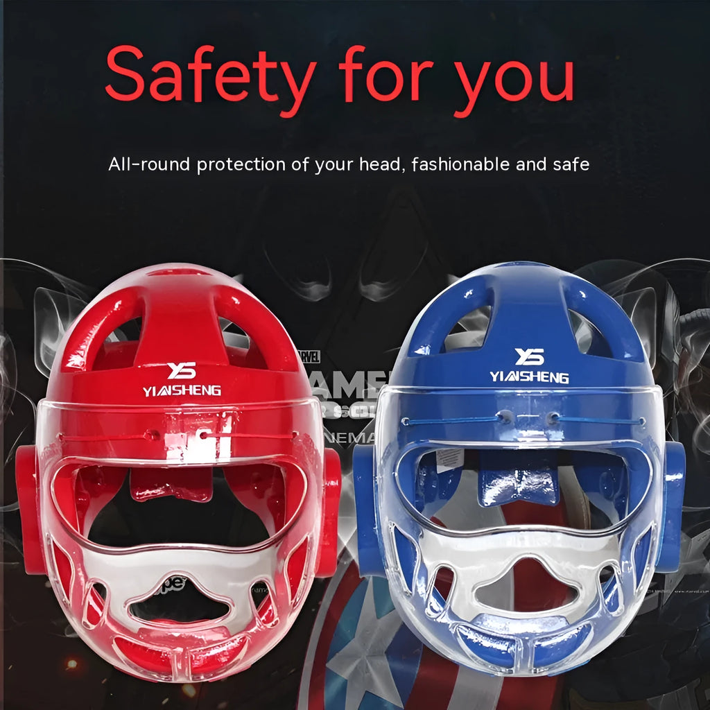 White, blue, and red karate boxing helmet for head protection in sizes S, M, L, XL.