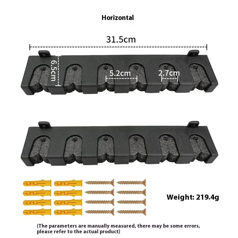 Black ABS plastic wall-mounted fishing rod holder in upright and horizontal frame styles