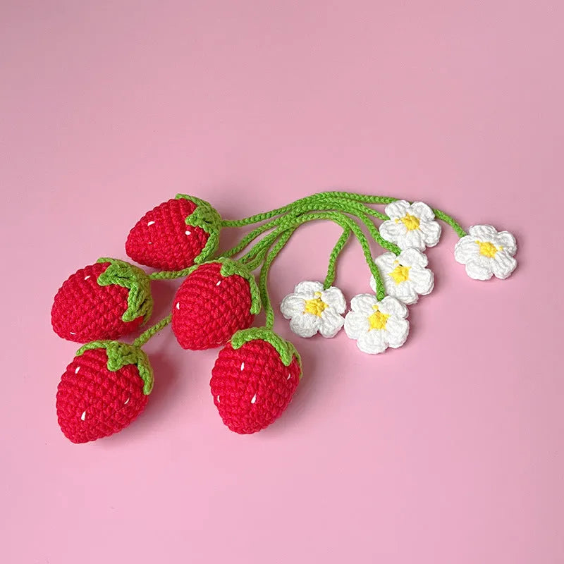 Wool crochet strawberry pendant with 35cm chain in red or pink woven design