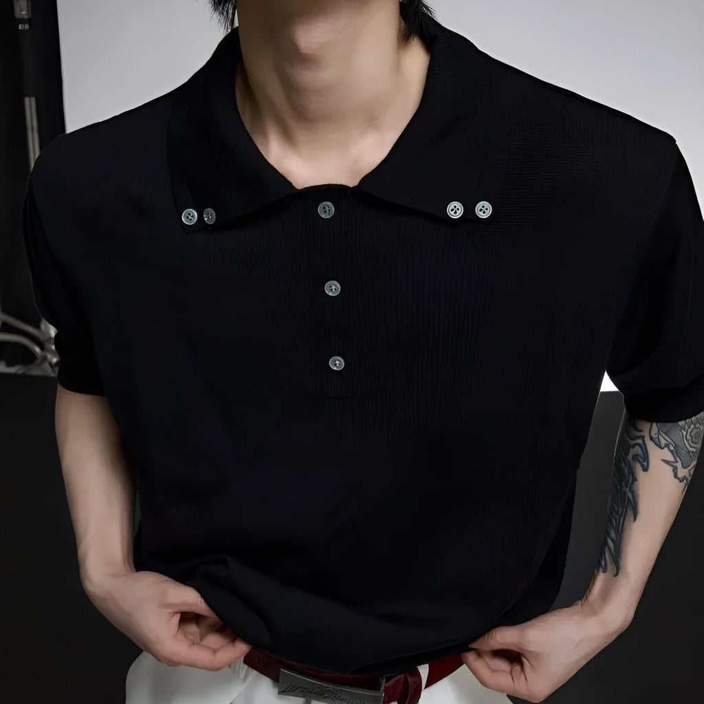 Men's black polyester knit short sleeve shirt with double collar design and loose fit