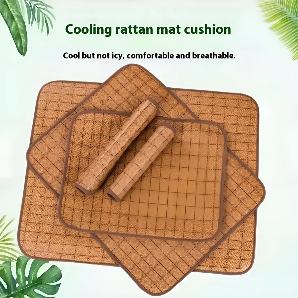 Brown rattan fibre cooling mat for dogs on a wooden floor