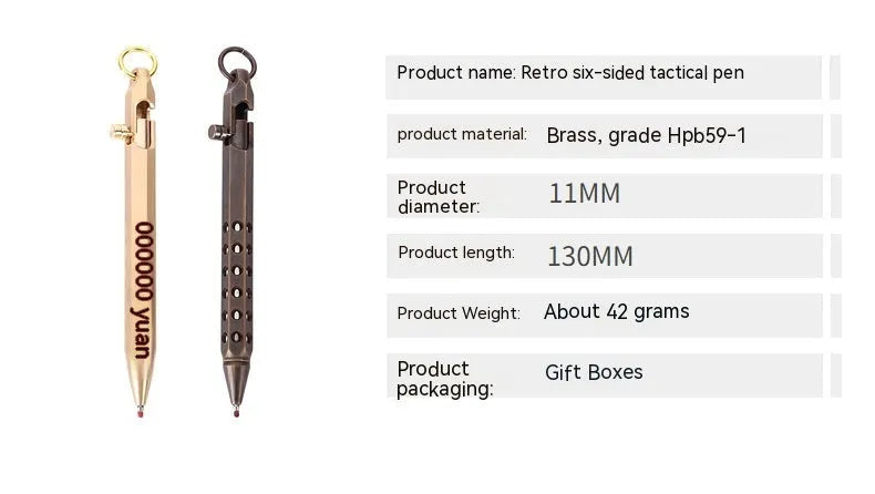 Brass hexagonal bolt rollerball pen with 0.5mm tip and retro mechanical design