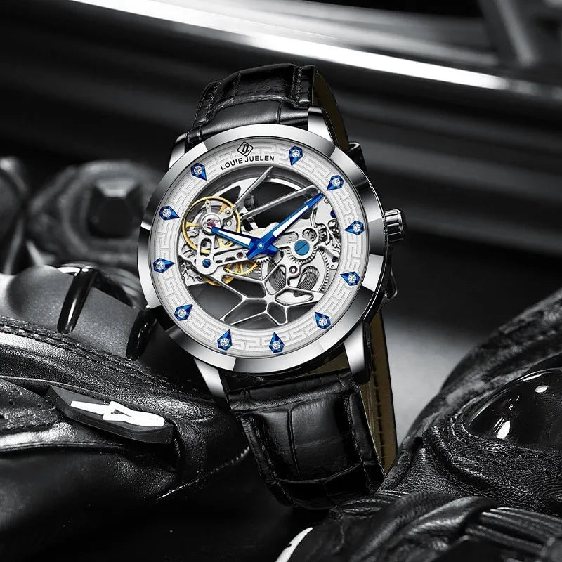 Men's mechanical watch with silver case, white dial, blue luminous hands, and black leather strap