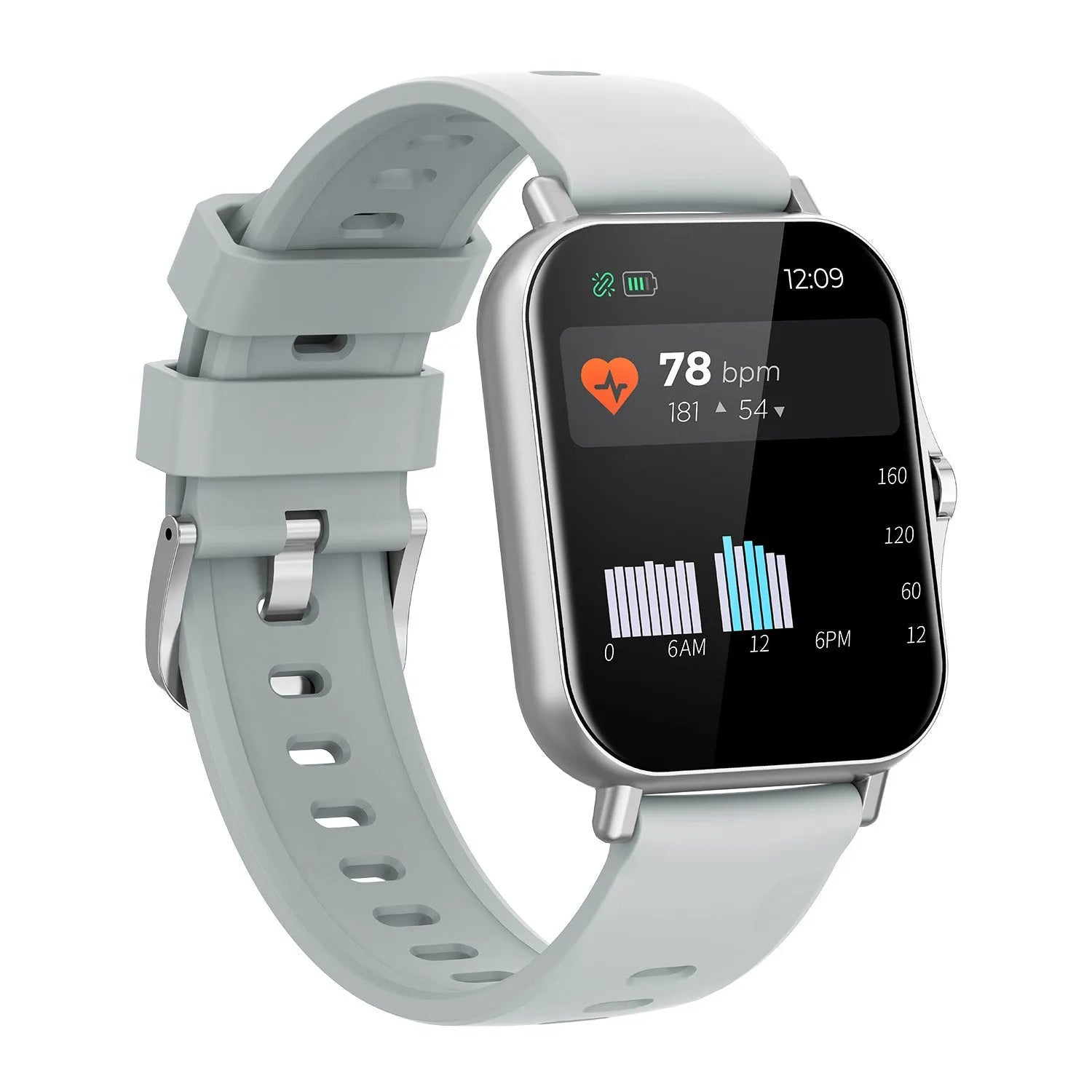 W10 Bluetooth smart watch for heart rate and blood pressure monitoring on wrist, showing touch screen.