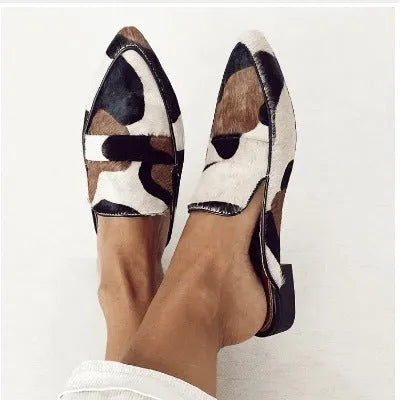 Women's black and white apricot pointed-toe low heel shoes with imitation horse hair suede upper and rubber sole