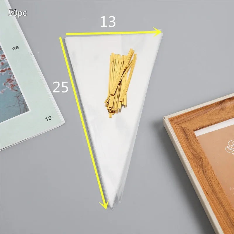 Clear triangle-shaped plastic packaging bag with a silver tie wire closure, shown in a pack of multiple bags.