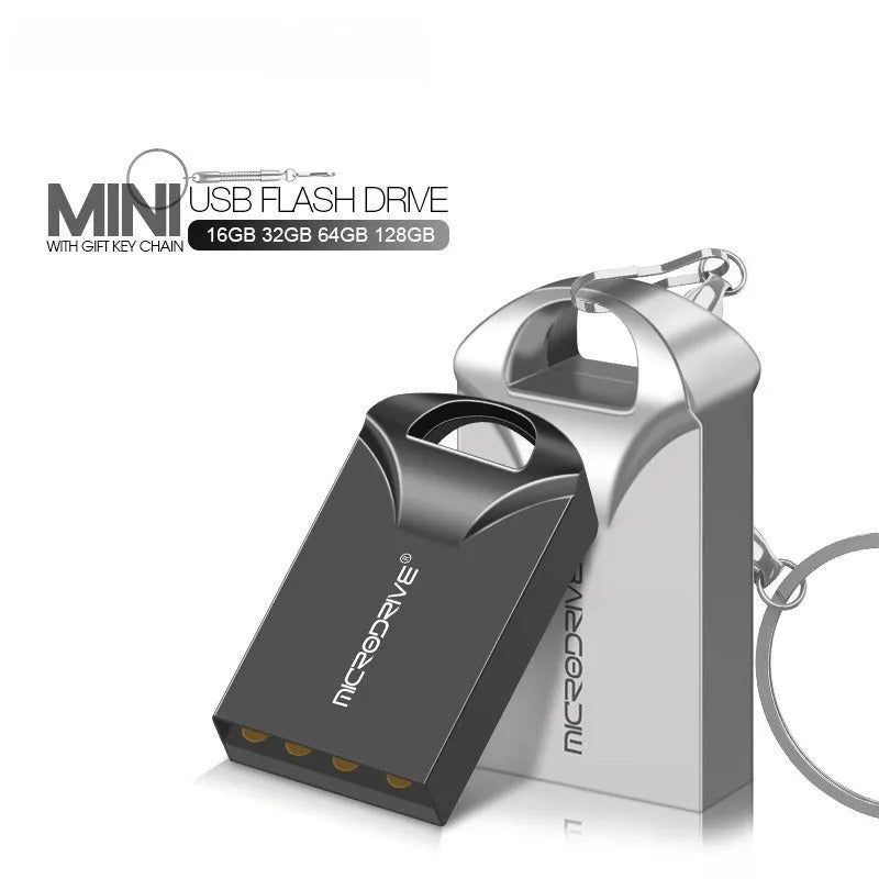Mini metal USB flash drive in black and silver colours showing compact size