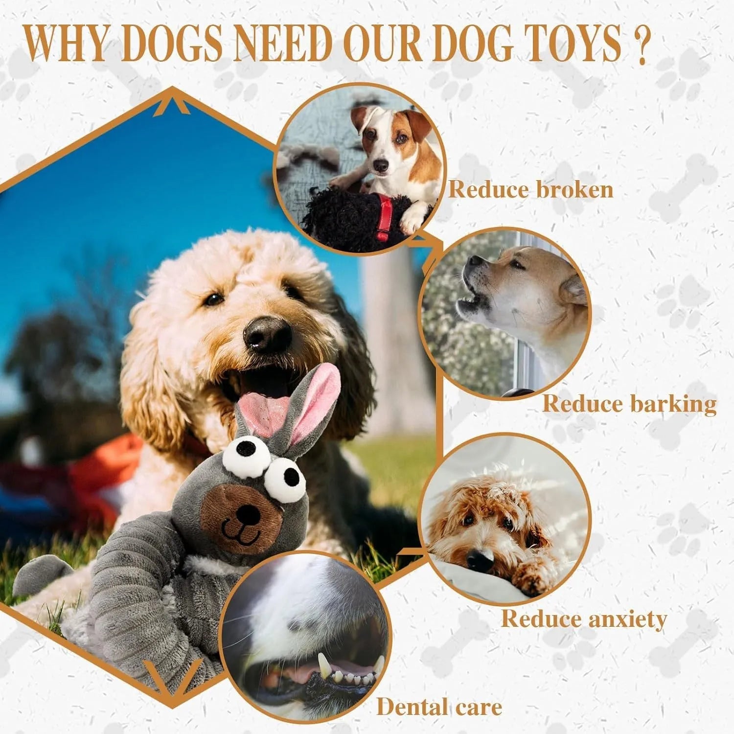 Plush squeaky dog toy with crinkle sounds in brown, grey or yellow colours for interactive pet play