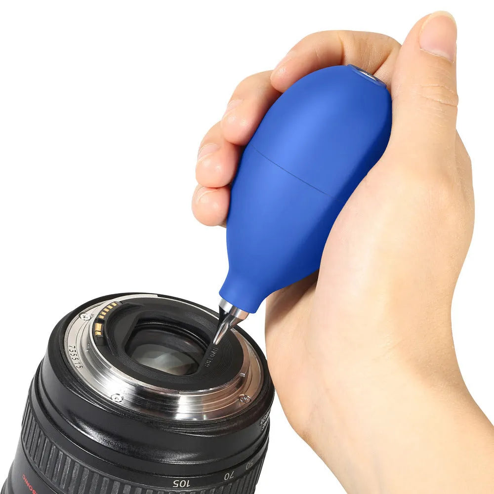 Blue and black rubber air blowing cleaning tool for camera and phone dust removal measuring 9.5cm