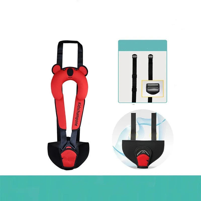 Cute Number One portable child car seat belt retainer in rose pink, shown on a car seat.