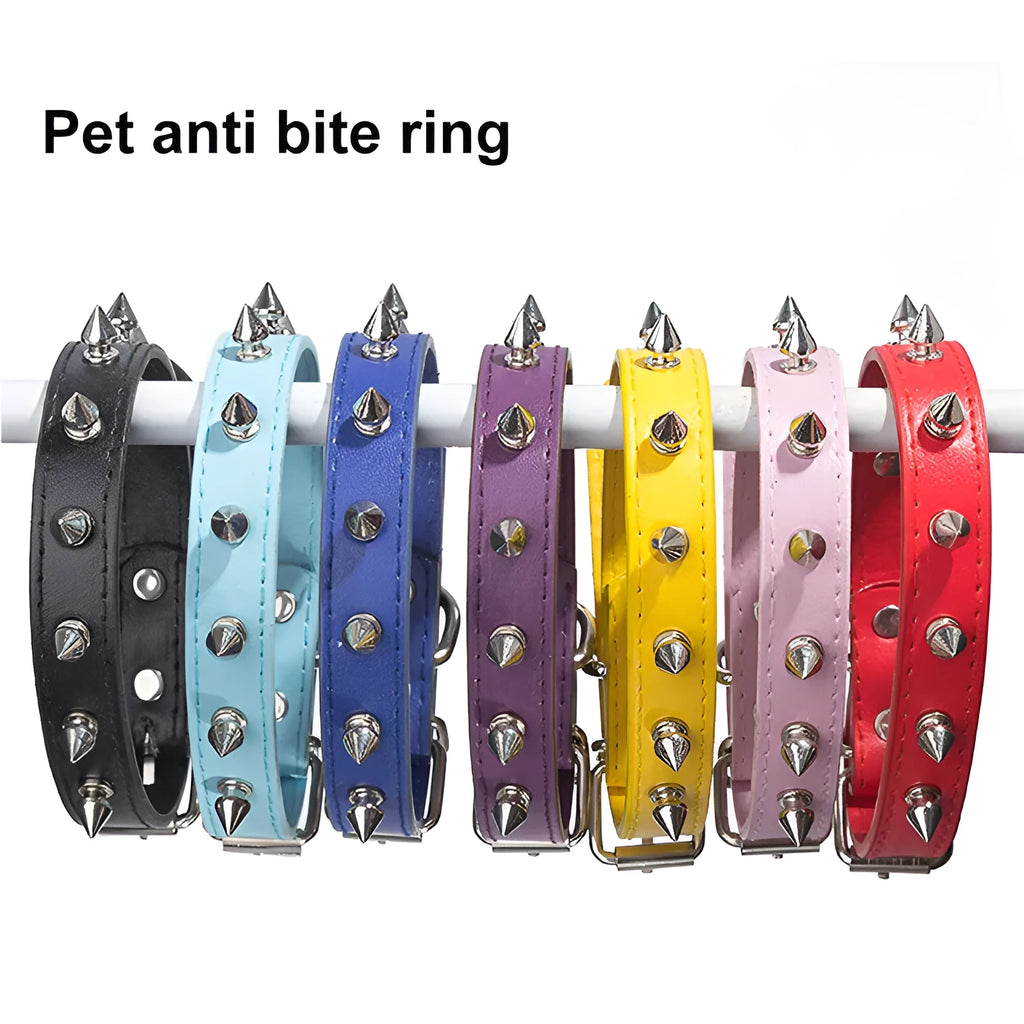 A spiked dog collar made of black PU leather with metal studs and an alloy buckle.
