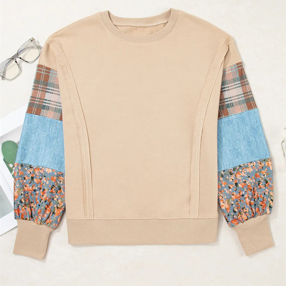Women's loose fit long-sleeved top with beige and red plaid splicing pattern and pullover design