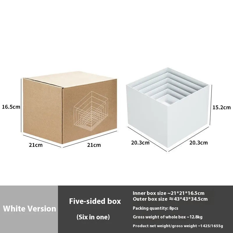 White and transparent plastic dessert display cube sets showing stackable 6-piece arrangements for cakes and pastries