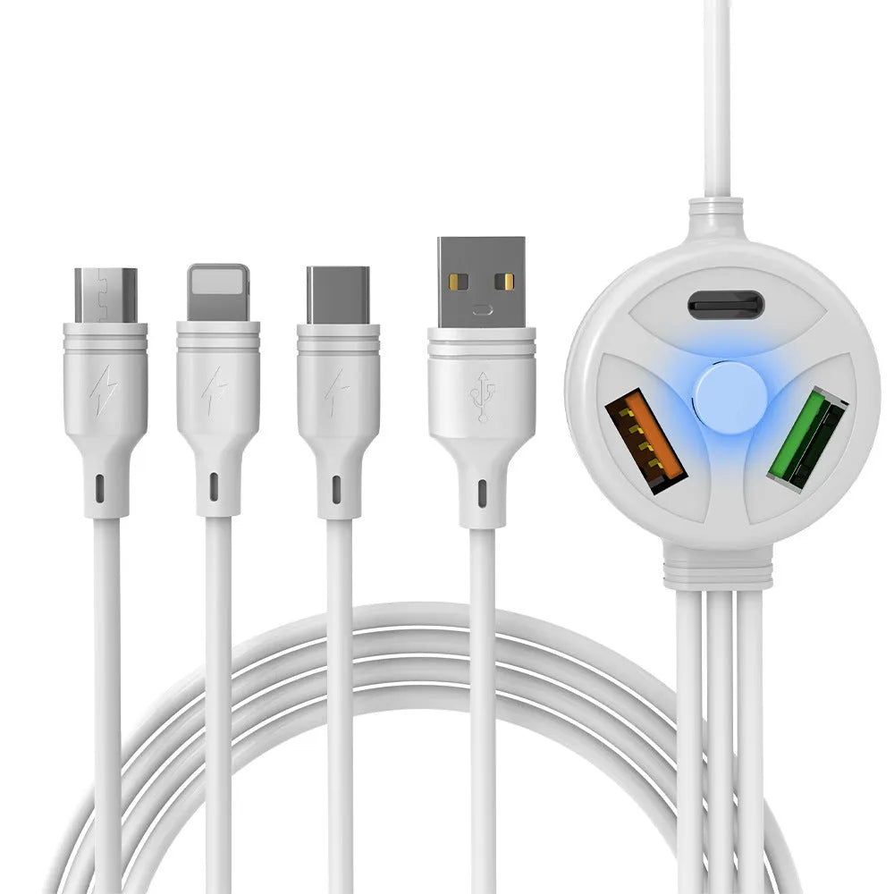 White 3-in-1 mobile charging cable showing USB, Micro USB and TYPE-C connectors with 1.2m length