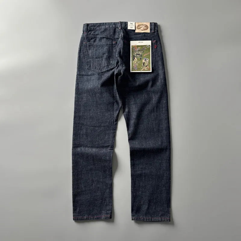 Men's straight leg denim trousers in primary colour with classic five-pocket styling