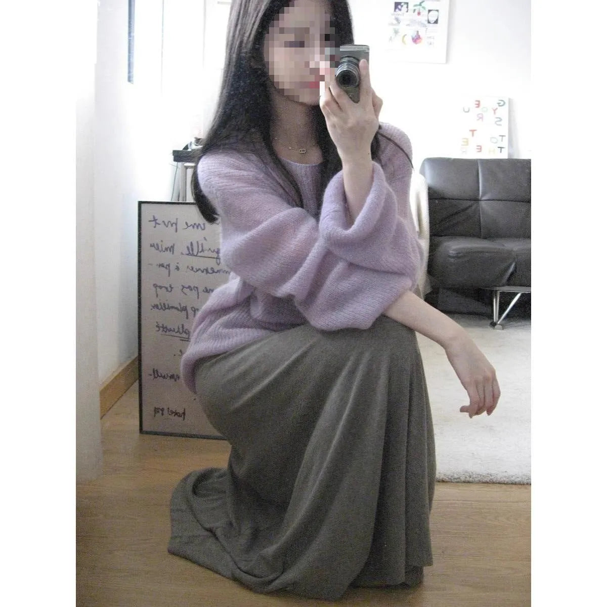 Purple women's blouse with hollow out design and princess sleeves in ice silk fabric