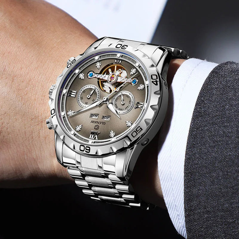 Men's automatic mechanical watch with stainless steel strap and mineral glass