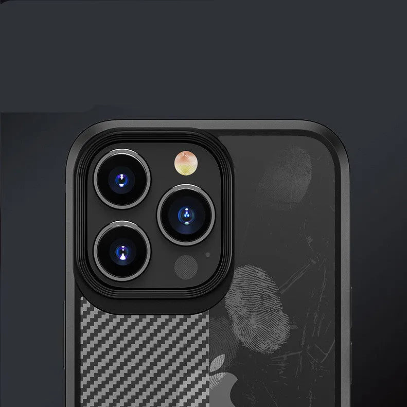 Black iPhone 13 protective case with carbon fibre pattern showing front and back views