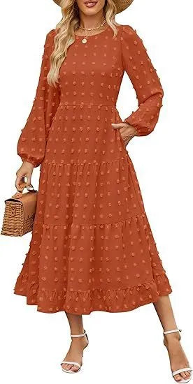 Women's autumn long sleeve dress with high waist and ruffled sleeves in solid colour