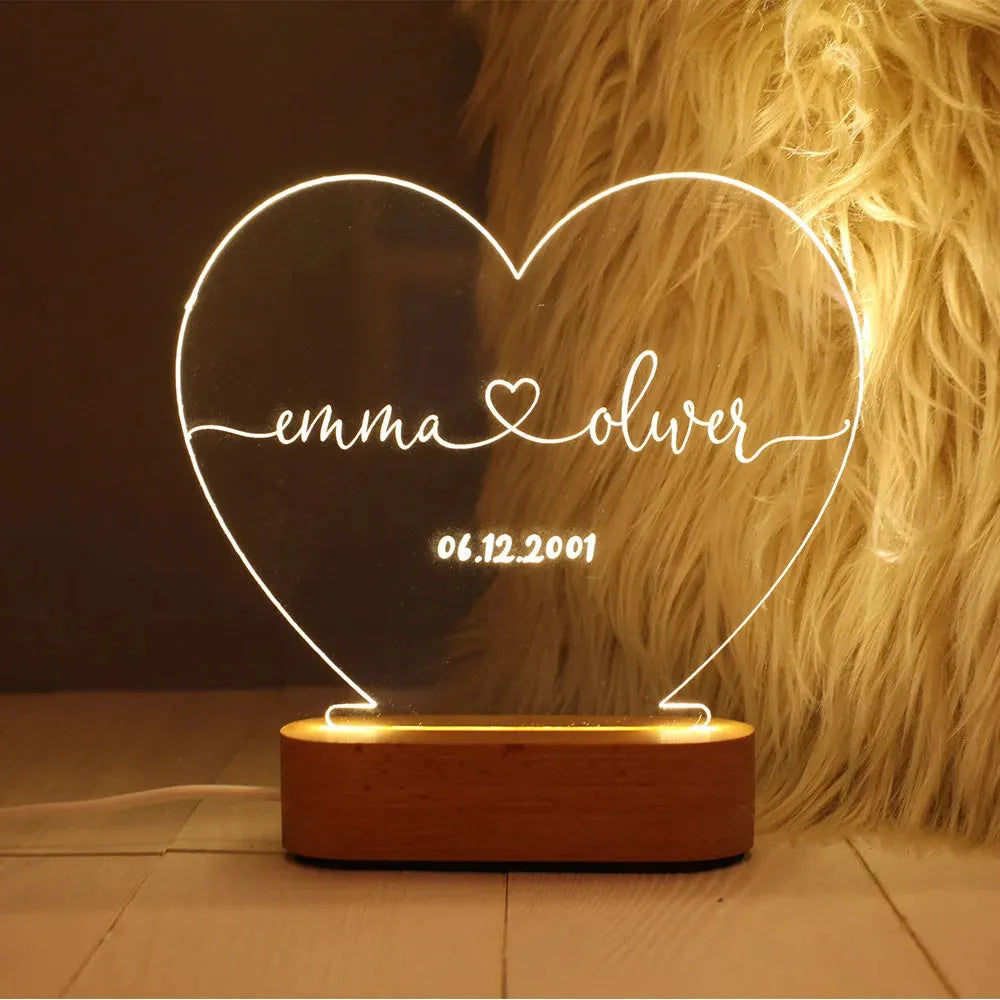 Custom acrylic LED night light with engraved names and date, 20cm by 11.5cm transparent modern art decor