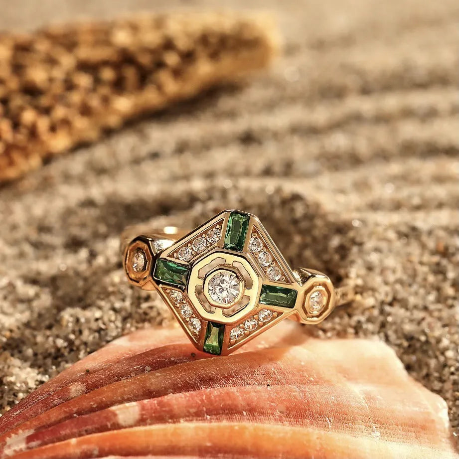 Square geometric emerald diamond ring in lvzuan colour with electroplated finish