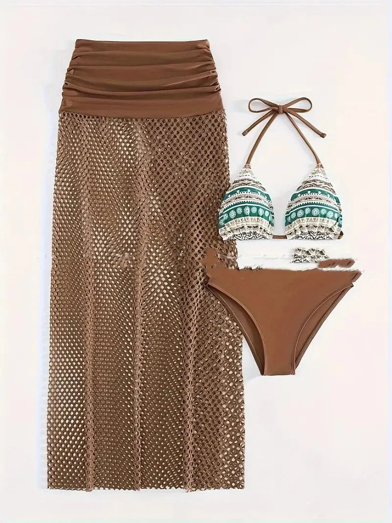 Women's three-piece bikini set with fishnet long skirt in gradient pattern