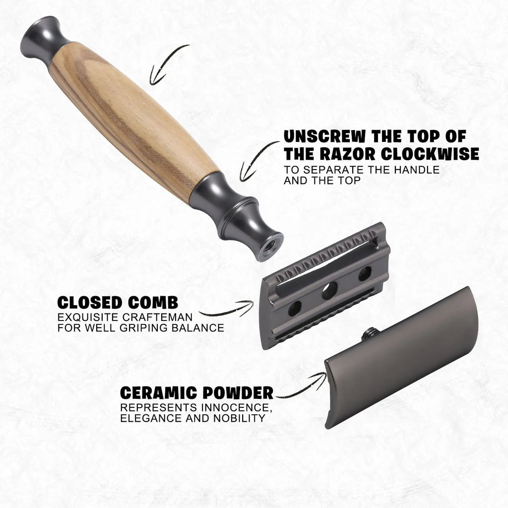Men's copper manual shaving razor with Olivewood handle and aluminium alloy components