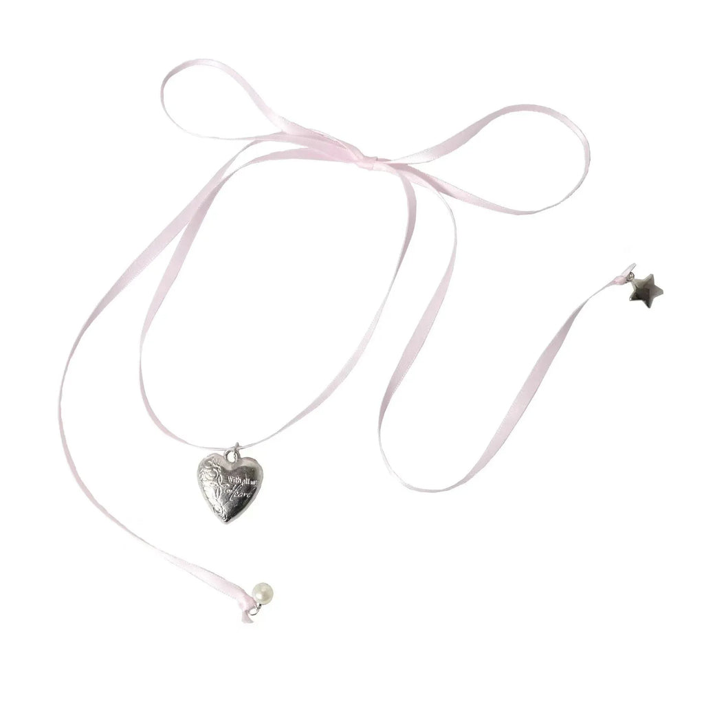 Women's alloy ribbon love pendant necklace on clavicle chain available in 33 colours