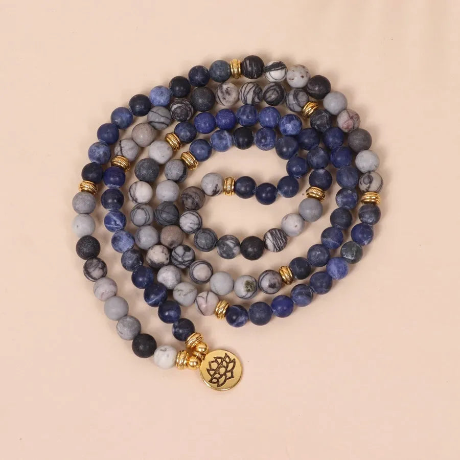 Blue patterned network stone bead multi layer bracelet with alloy components in fresh sweet style