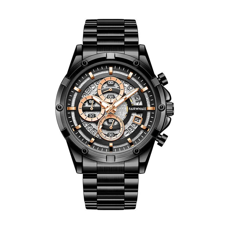 Men's waterproof luminous quartz watch with stainless steel bracelet in black, gold, or silver colour options