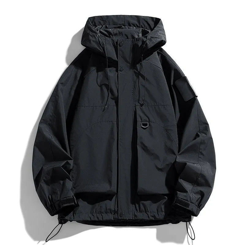 Men's black waterproof windproof hooded jacket on a hanger