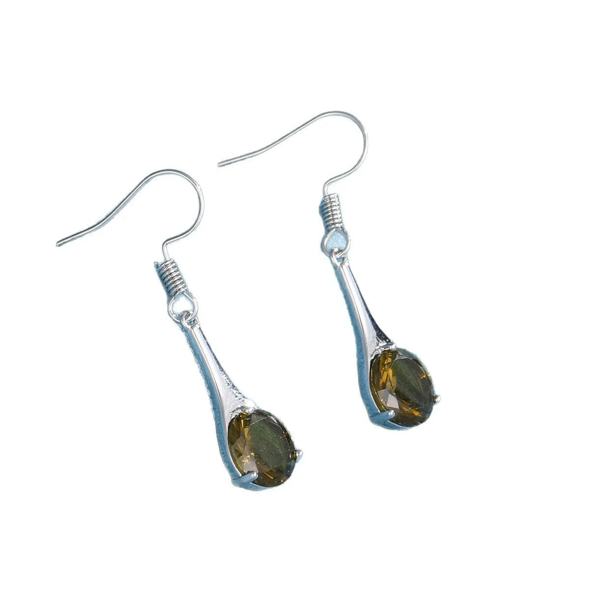 Olive green topaz colour drop earrings with water drop shape and electroplated finish