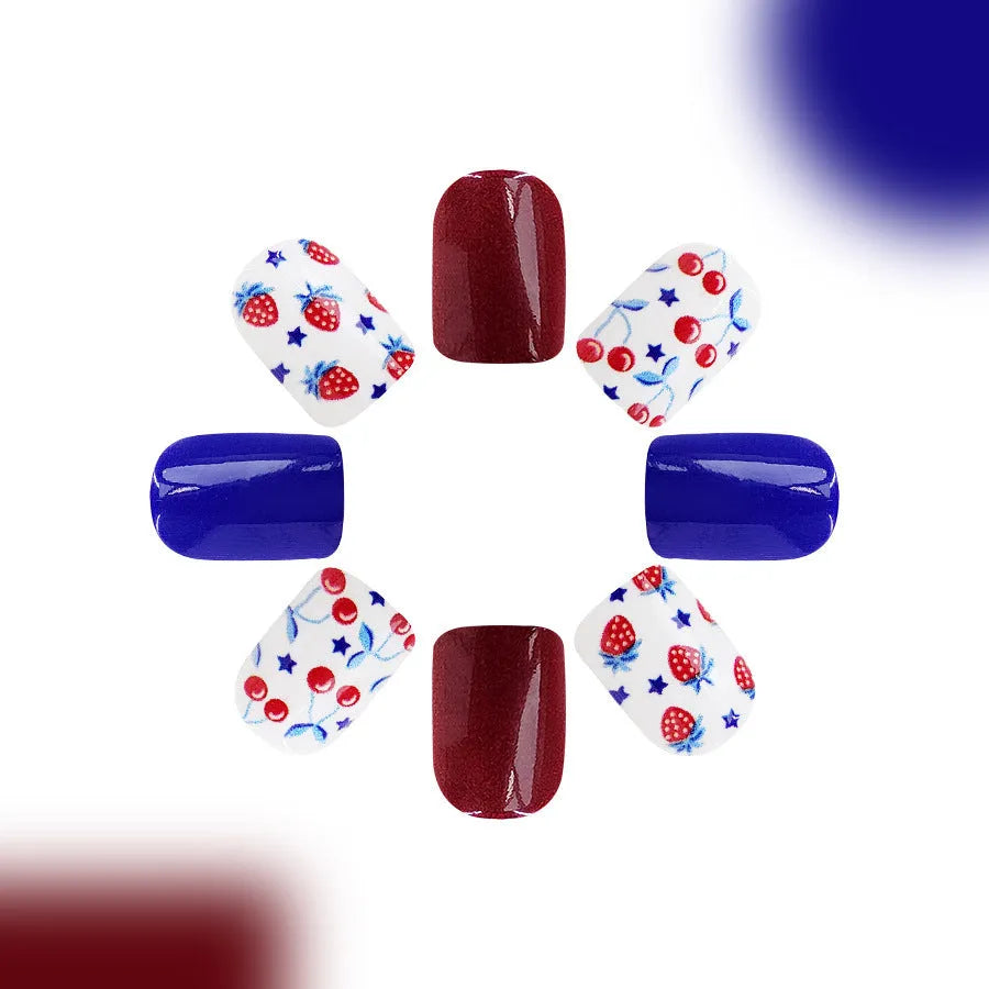 Short glossy red and blue strawberry cherry nail stickers for independence day manicure