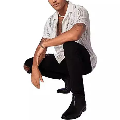 Men's black knitted short-sleeved button-up shirt with jacquard texture and cardigan style on a white background.
