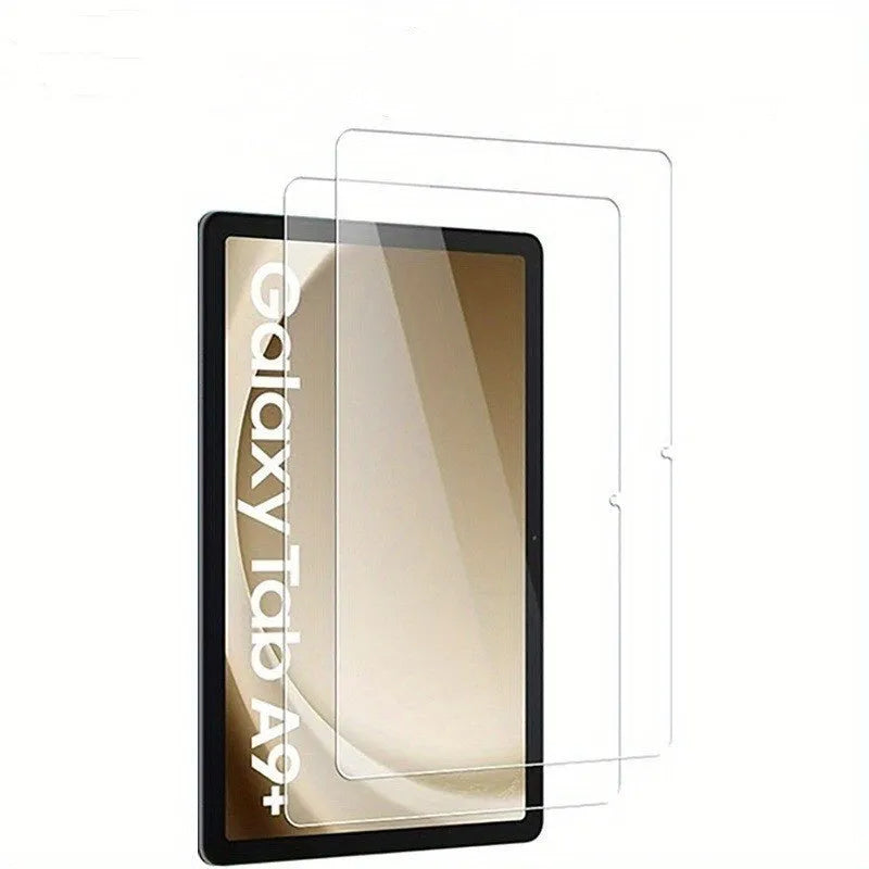 Samsung Galaxy tablet with tempered glass screen protector showing HD clarity and edge-to-edge coverage