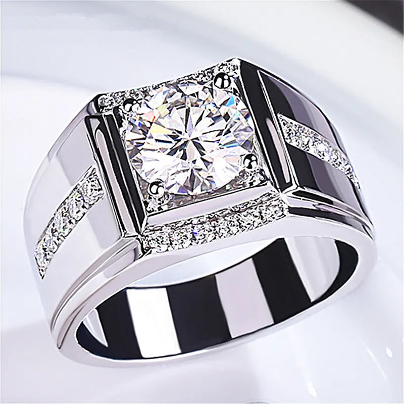 Men's adjustable ring with geometric diamond zircon design in electroplated metallic finish