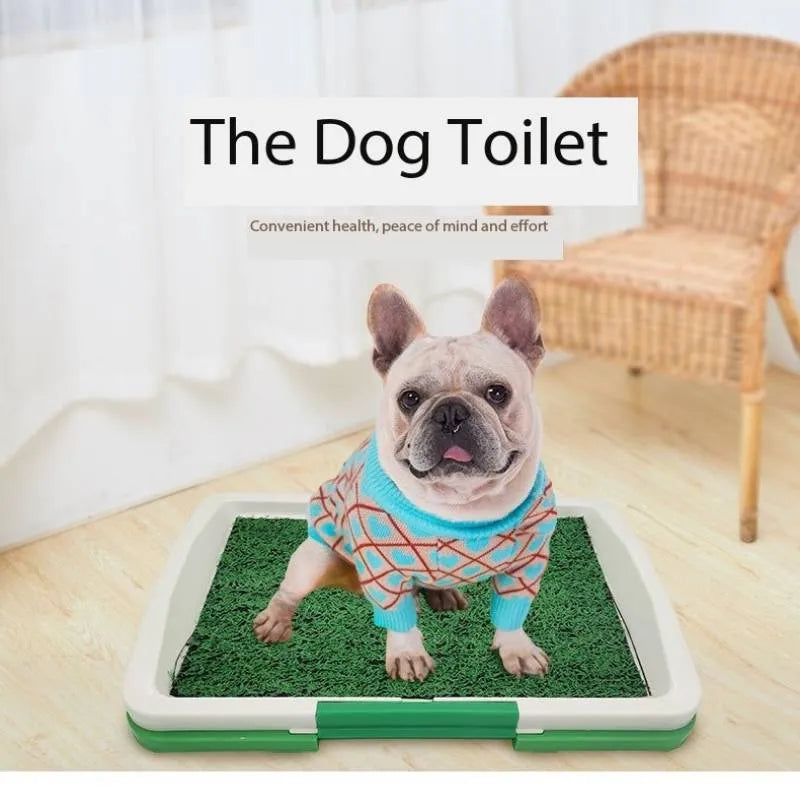 Green artificial grass indoor dog toilet training tray with three-layer construction.