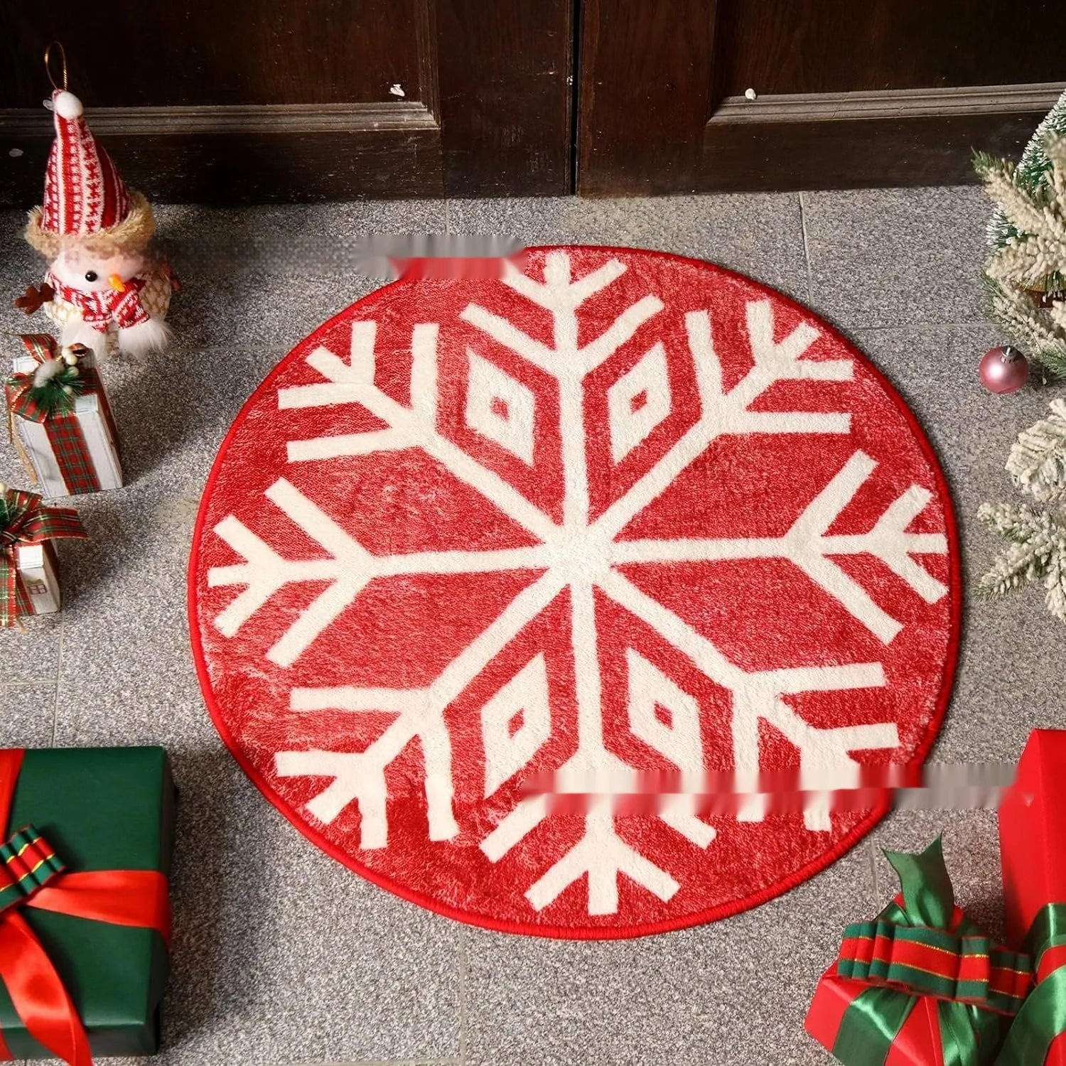 Round Christmas-themed carpet on floor, showing one of ten printed holiday blanket designs.