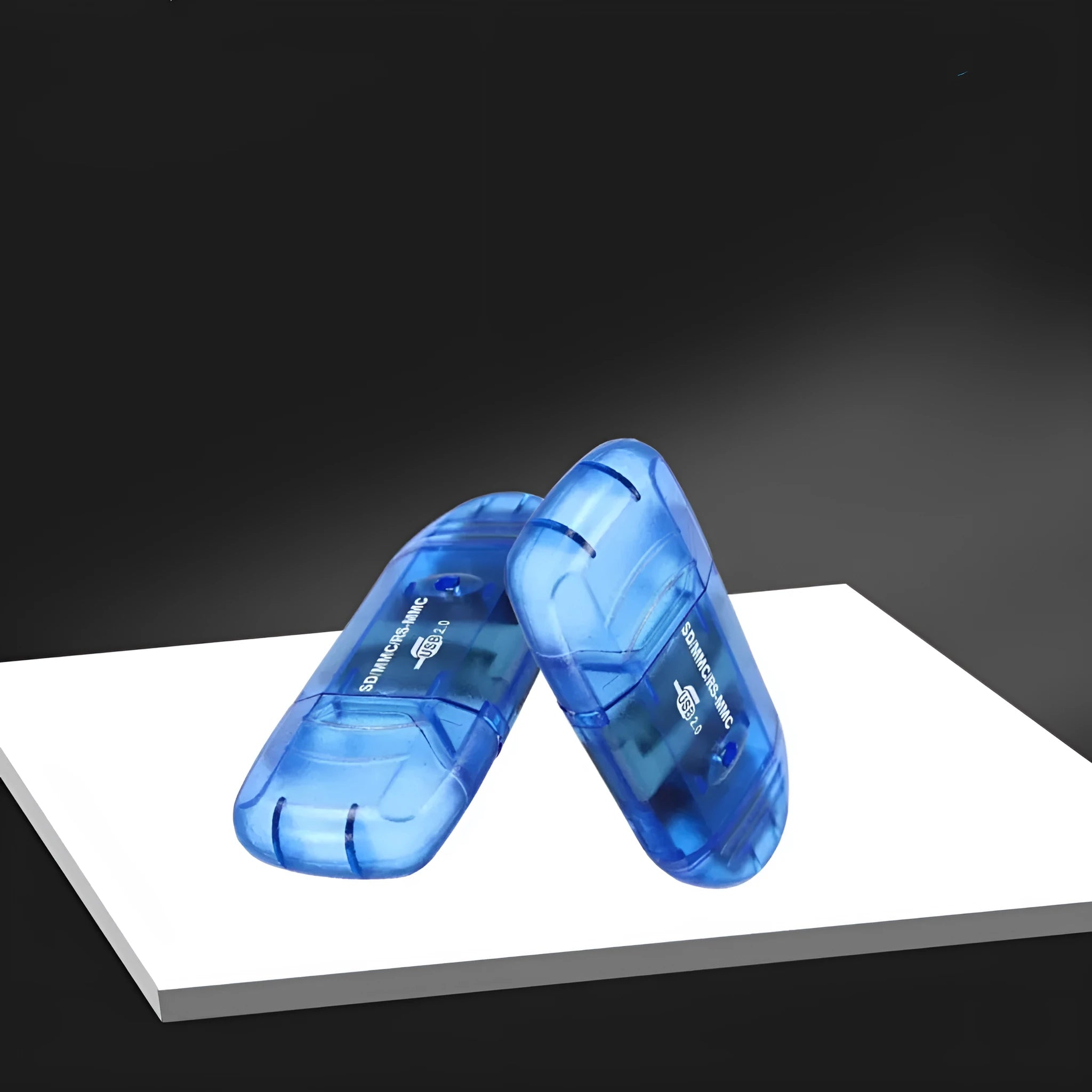 Transparent USB card reader with LED light showing SD and MS card slots