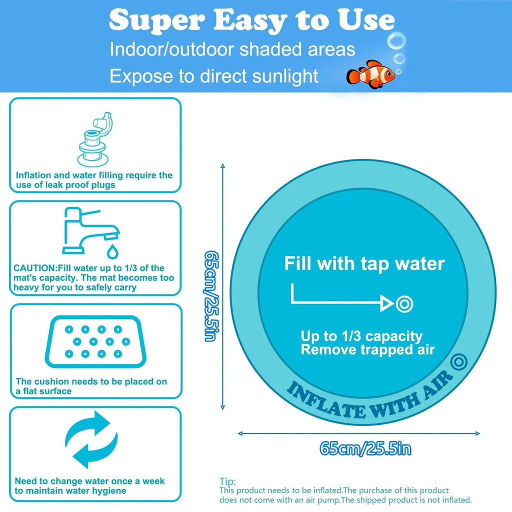 Square blue ocean-themed PVC water play mat for cats with floating fish toys inside, shown on a floor.