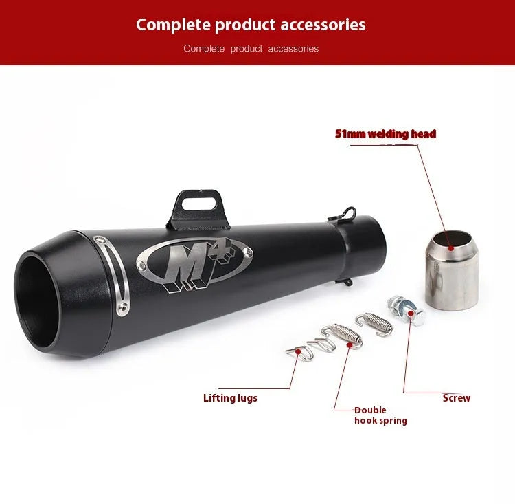 Universal M4 motorcycle exhaust pipe in black, titanium, and half blue finish variants