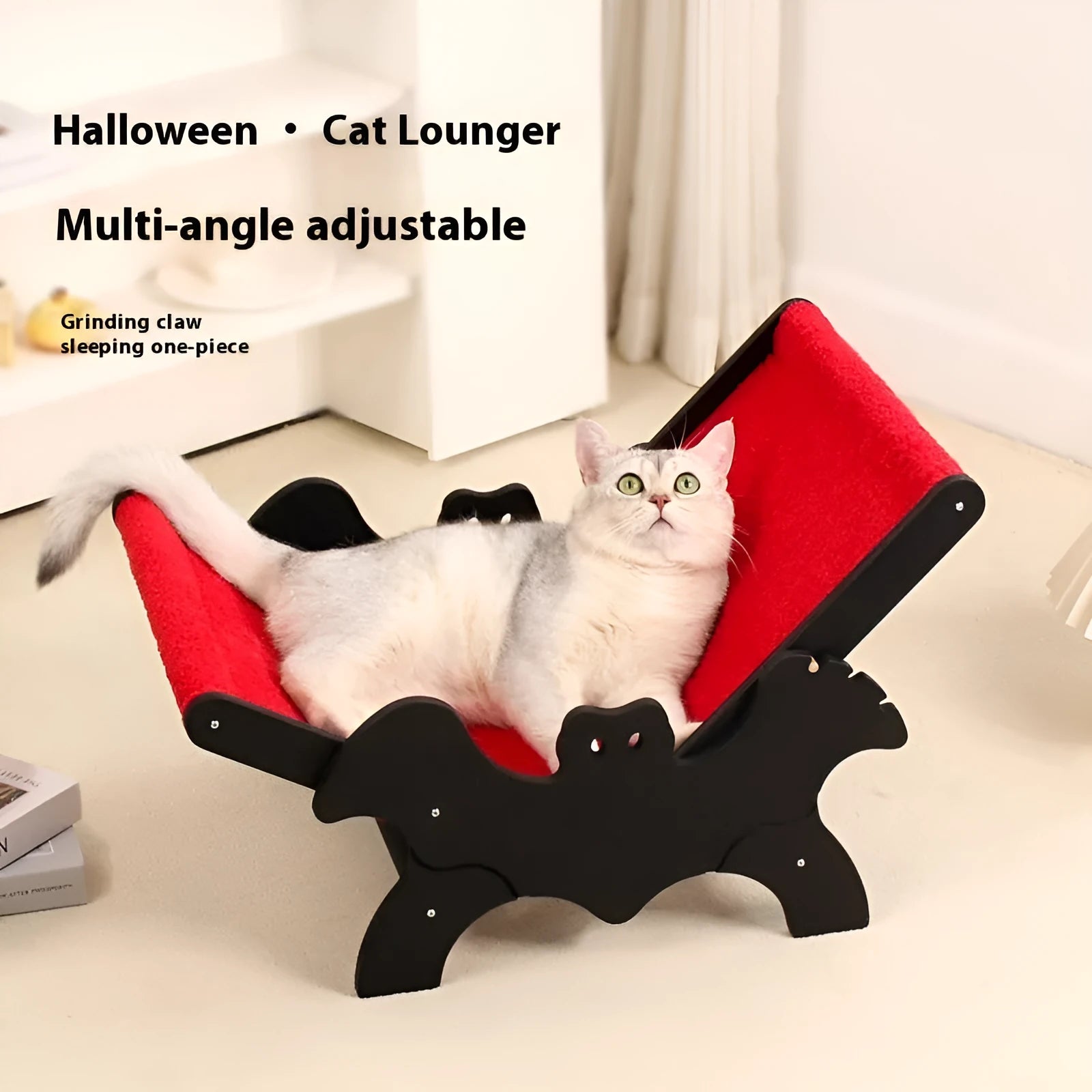 Black and red wooden cat recliner bed with cushion for indoor cats