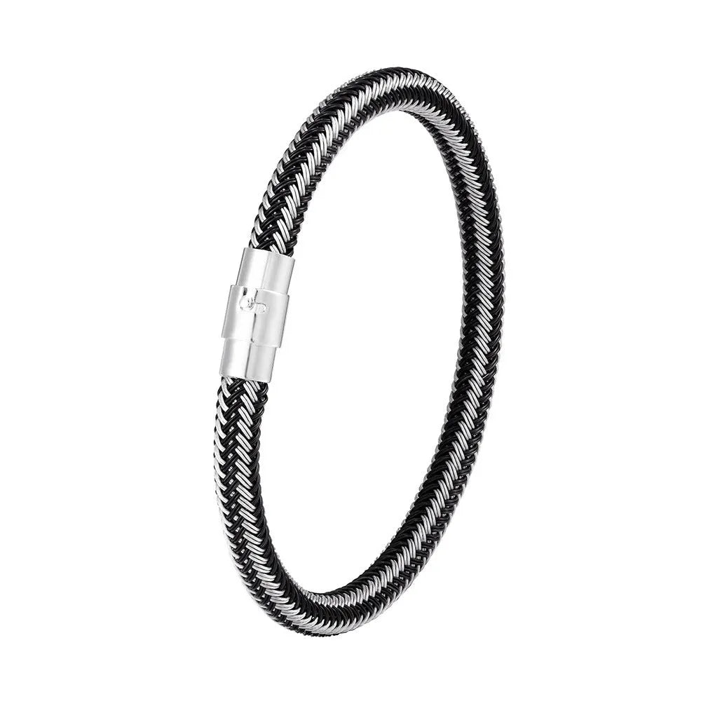 Men's geometric titanium steel bracelet with a magnetic clasp on a wrist.